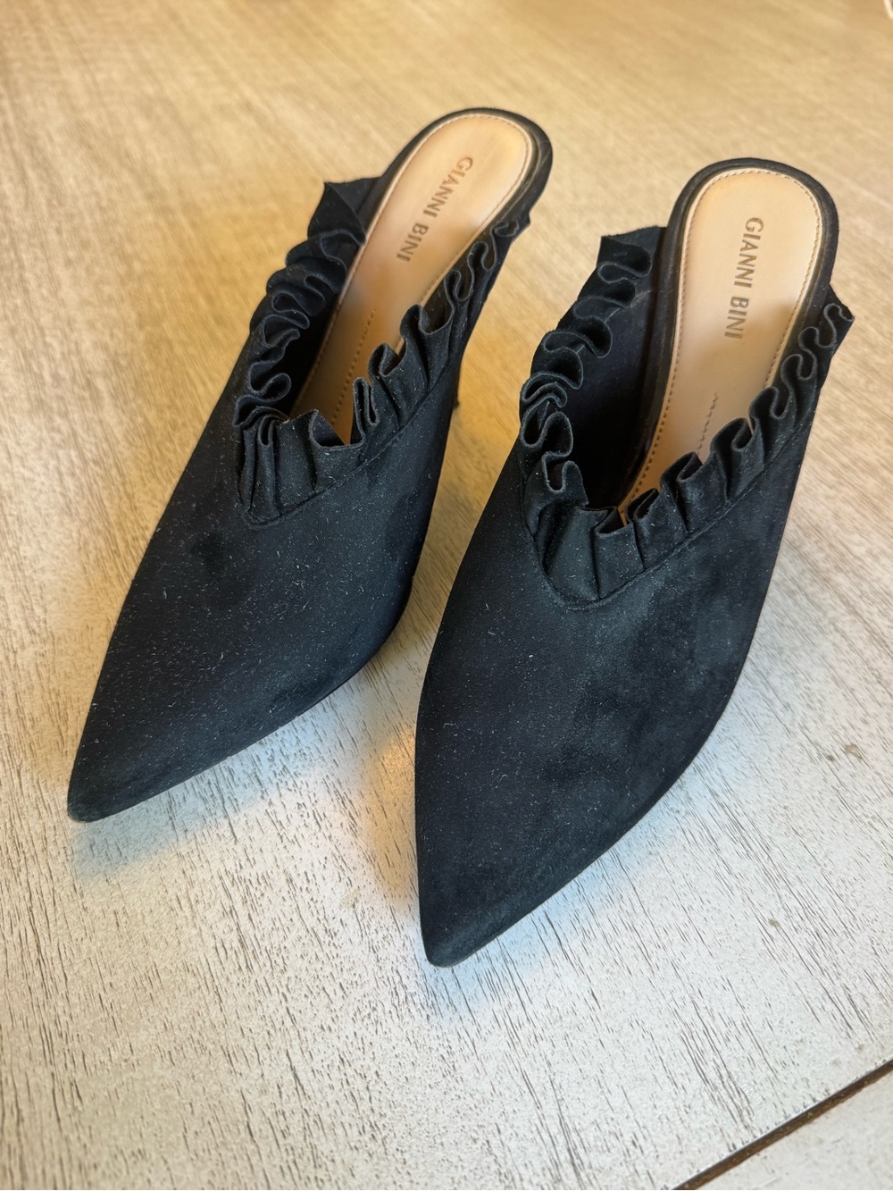 Gianni Bini Black Suede Pointed-Toe Ruffle Mules